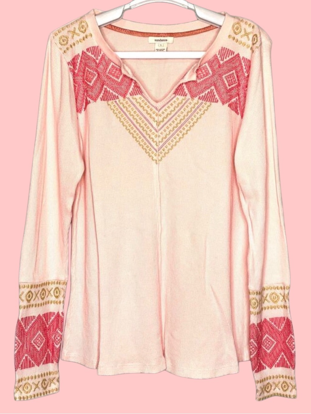 Sundance Pink Embroidered V-Neck Long Sleeve Pullover - Picture 2 of 8